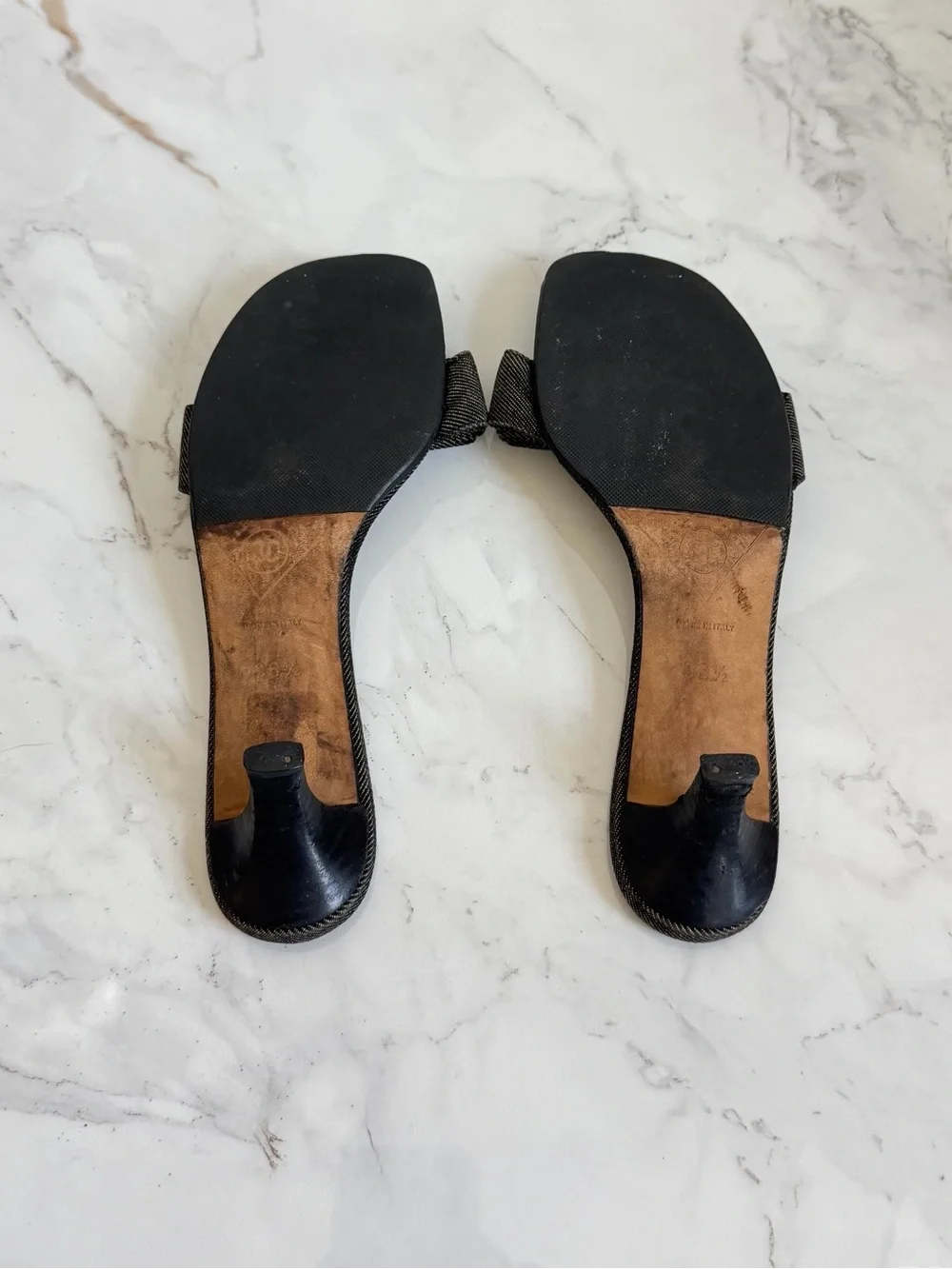 Rare Vintage Chanel Denim Black CC Logo Bow Kitten Heel Mules